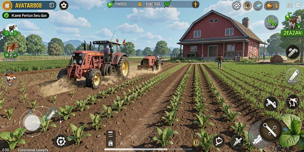 Screenshot gameplay AVATAR808 menampilkan ladang yang subur dan hewan-hewan lucu.