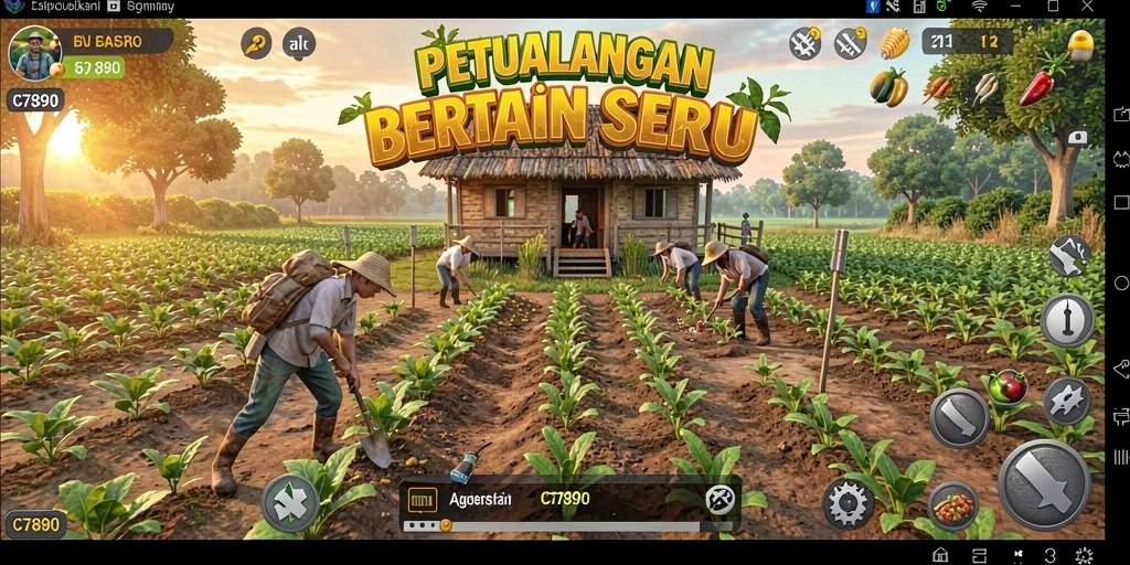 Tampilan gameplay C7890 dengan kebun yang subur dan hewan ternak.