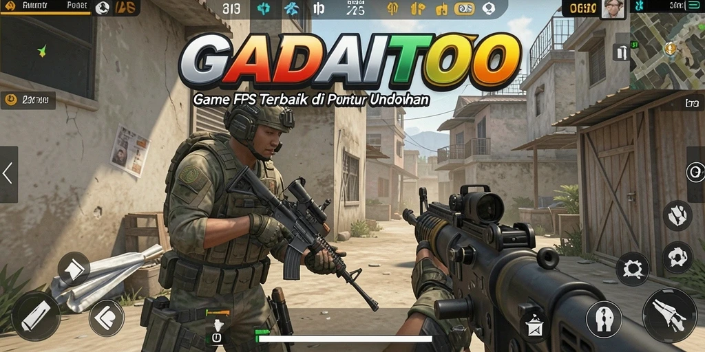 Gambar menampilkan aksi intens gameplay GADAITOTO dalam pertempuran FPS.