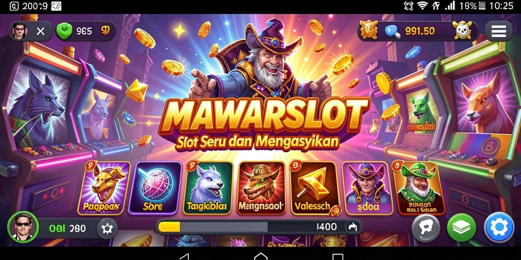 Tampilan gameplay seru dalam permainan slot MAWARSLOT dengan berbagai tema.