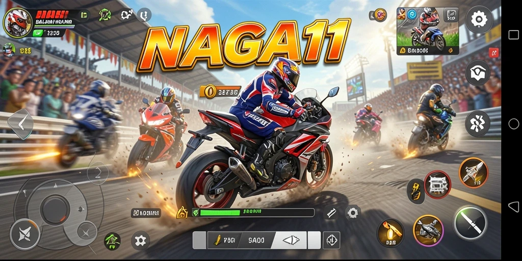 Screenshot gameplay NAGA11 menampilkan aksi balapan motor yang seru.