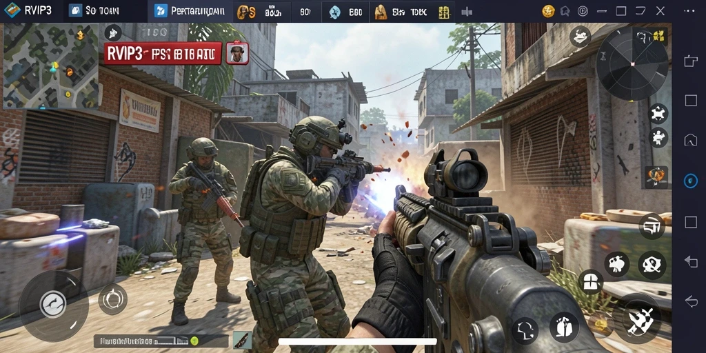 Screenshot gameplay RVIP3 menunjukkan aksi tembak-menembak yang intens.
