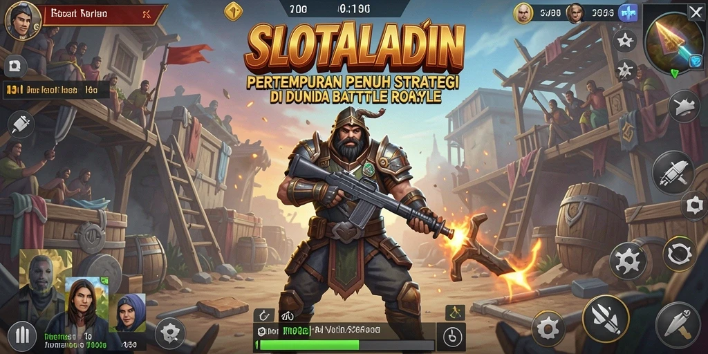 Screenshot menampilkan aksi seru di medan perang SLOTALADIN.